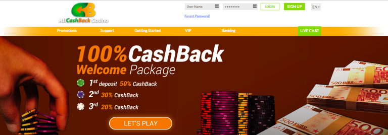 AllCashBack Casino Welcome Package info